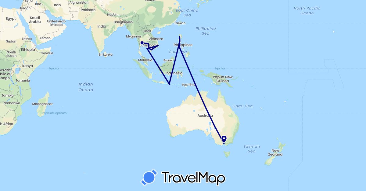 TravelMap itinerary: driving in Australia, Indonesia, Cambodia, Philippines, Thailand, Vietnam (Asia, Oceania)